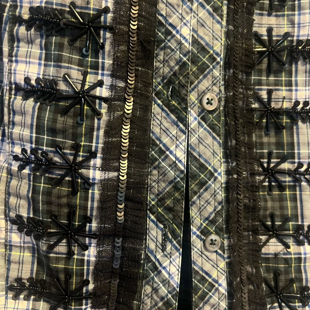 J Crew Dark Green Plaid Top 100% Cotton with Tiny Sequins Detail Size Small